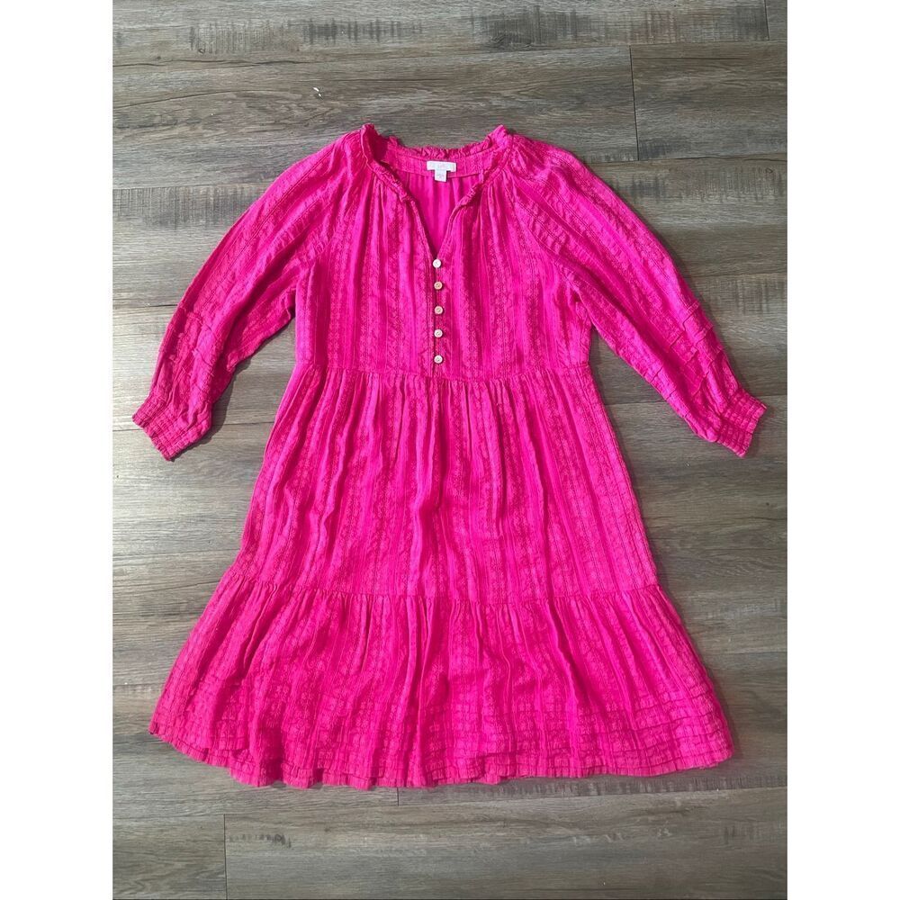J.Jill pink tiered dress button-front neckline and 3/4 length sleeves sz. XS - Picture 2 of 5